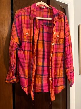 Bright Pink & Orange Plaid Button-Up Shirt
